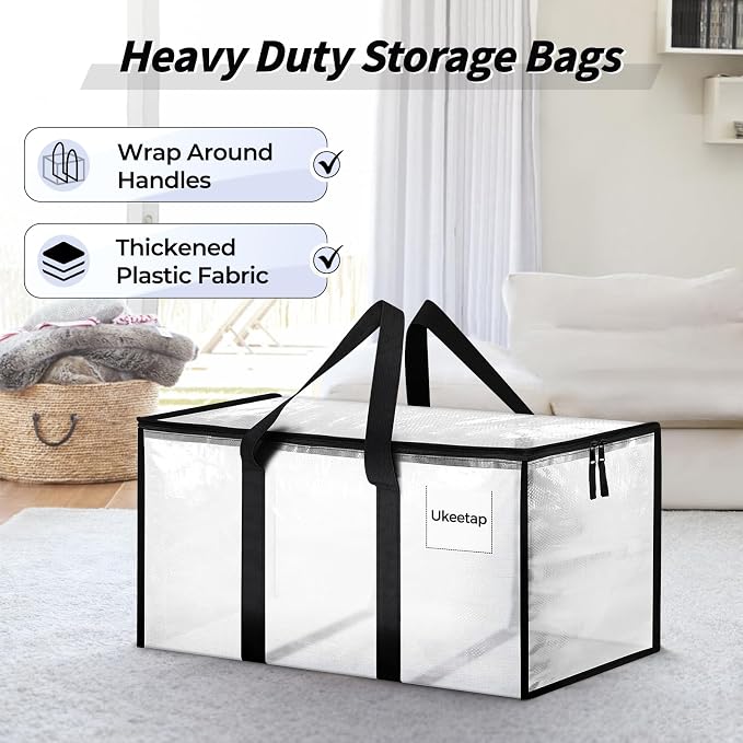 8 Pack Extra Large Clothes Storage Bins with Lids, Storage Bags with Reinforced Handles & Heavy-Duty Zippers, Moving Bags, Moving Boxes Totes for Clothes Packing, Dorms, College Supplies, Clear