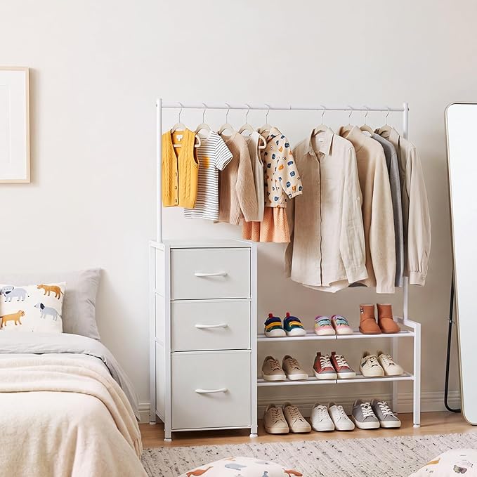 Tall Closet Organizer Dresser 47.2" H x 39.7" W，with Extendable Clothes Hanging Rack & Shoe Rack，3 Fabric Drawers Chest of Drawers,Bedroom, Living Room，Sturdy Frame Easy to Install