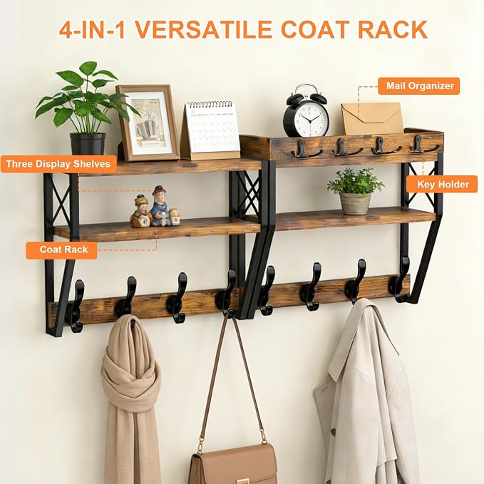 Upgraded 3-Tier Large Coat Rack Wall Mount with Shelf | 4 in 1 Versatile Coat and Key Hanger Wall Mount, 32-inch Entryway Wall Shelf with 12 Hooks for Living Room Bedroom