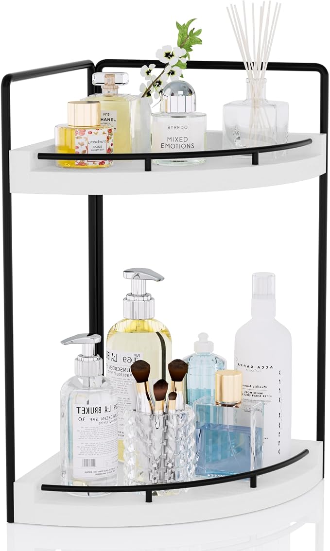 Corner Bathroom Counter Organizer, 2 Tier Wood Vanity Storage, Waterproof Skincare Shelf for Kitchen & Toiletries Decor, Dresser (White-2 Tier)