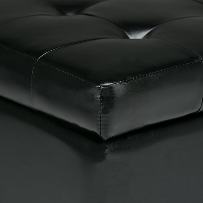 SIMPLIHOME Dover 36" Wide Vegan Leather Storage Ottoman in Distressed Brown | Midnight black, transitional storage ottoman with tufting and lift-up lid; rectangle storage bench for living room.