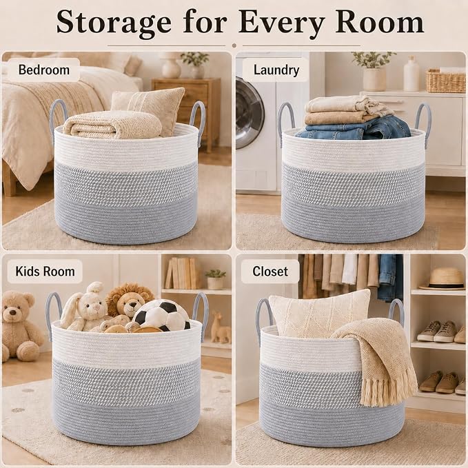 JMvicyroam 115L Extra Large Machine Washable Cotton Rope Blanket Basket | Collapsible laundry hamper, Reinforced handles, For blankets,pillows,toys and clothes, Living room and bedroom,White&Grey Mix