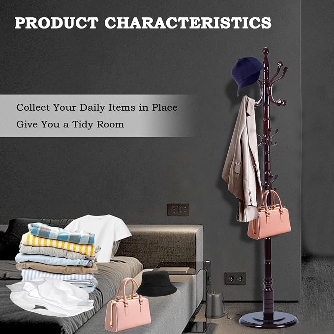 Coat Racks FreeStanding with 14 Hooks, Natural Wood Coat Rack with Solid Round Base, Adjustable Height Coat Racks, Easy Assembly for Hallway, Bedroom and Office (Rosewood Ruyi Hook)