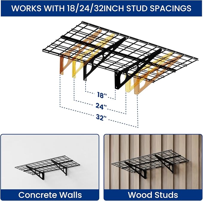 FLEXIMOUNTS 2-Pack 2x4ft Garage Shelving with Hooks, 600lbs Load, Black | 24-inch-by-48-inch Wall Shelf Garage Storage Racks Floating Shelves, Rustproof Seamless Grid Design, Classic Series