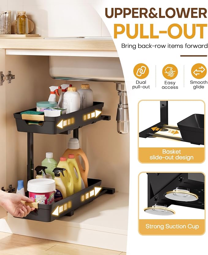 Homde Sliding Under Sink Organizer: 2-Pack Pull-Out Rack for Kitchen | 4 Easy-Access Baskets for Cluttered Cabinets - Busy Families Find Everything Instantly - Full-Extension Glide Design