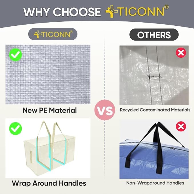 TICONN 8 Pack Extra Large Moving Bags Heavy Duty with Zippers & Carrying Handles, Durable Storage Bags Moving Boxes for Closet Organizers and Storage (8 Pack, Cream)