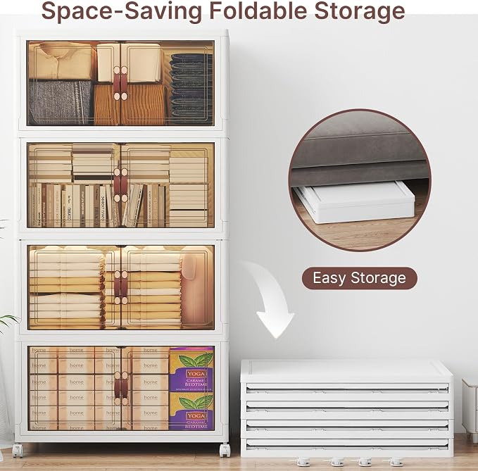 UAMFURI Stackable Storage Bins with Lids, 480QT Lockable Storage Cabinet | Folding Storage Box with Doors and Wheels, Collapsible Plastic Drawers for Home, Garage, Office