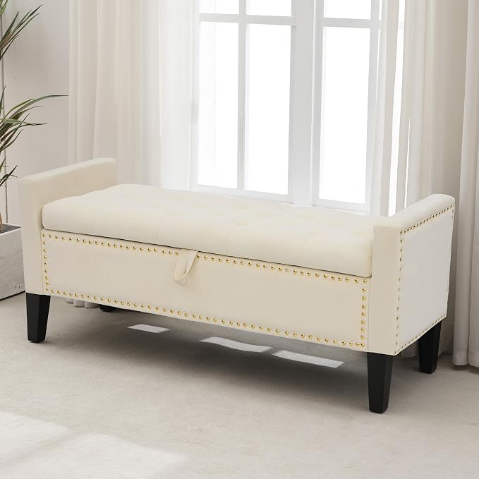 Storage Ottoman Bench, Velvet Upholstered Footstool, Beige | Frosted Flannel Seat with Storage, Wooden Legs & Metal Rivets, For Bedroom and Living Room