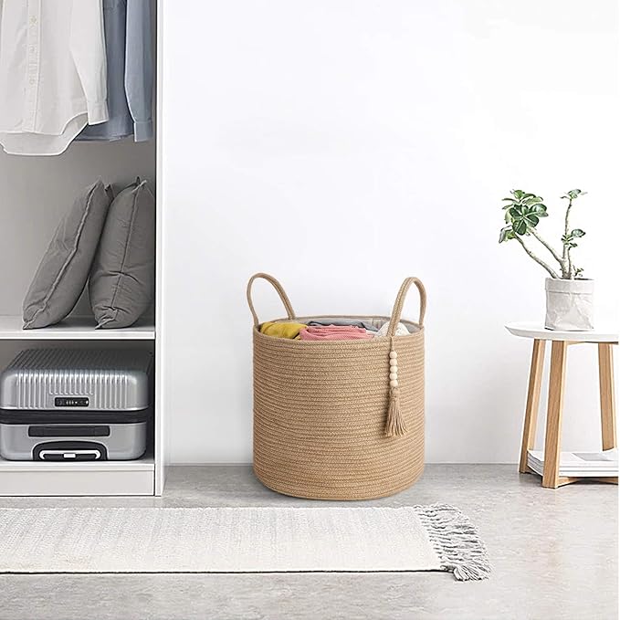 Mkono Woven Storage Basket Decorative Natural Rope Basket Wooden Bead Decoration for Blankets,Toys,Clothes,Shoes,Plant Organizer Bin with Handles Living Room Home Decor, Jute, 16" W × 13.8"L | Brown, Jute, Decorative Basket with Handle, Wood Beads Tass...