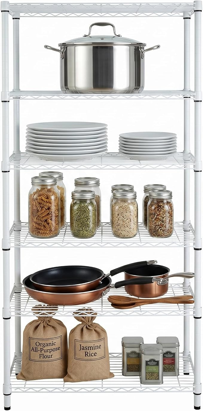 Honey-Can-Do 5-Tier White Wire Shelving Unit, 200 lb/Shelf, 36x14x72 in | 1,000 lb total in a bright white rust-resistant frame; tool-free build; adjustable shelves for laundry, kitchen & craft
