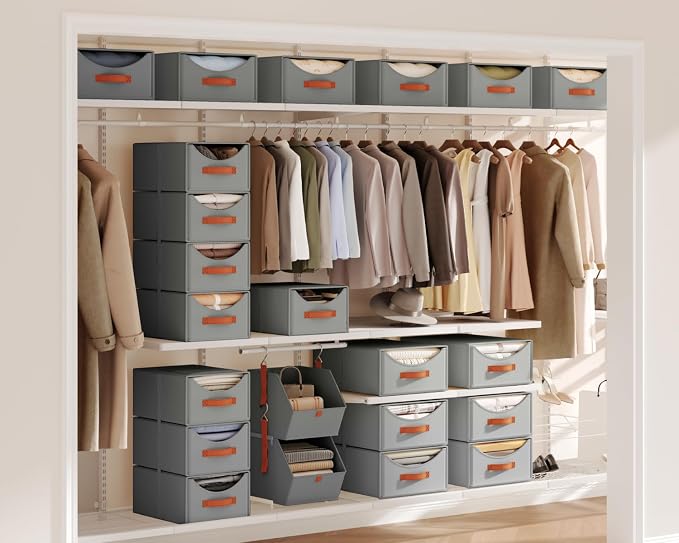 Stackable Storage Drawers - Collapsible Storage Bins with Drawers, 4 Pack Closet Shelf Organizer Basket, Fabric Pull Out Organizer for Bedroom, Living Room, Dorm, Grey