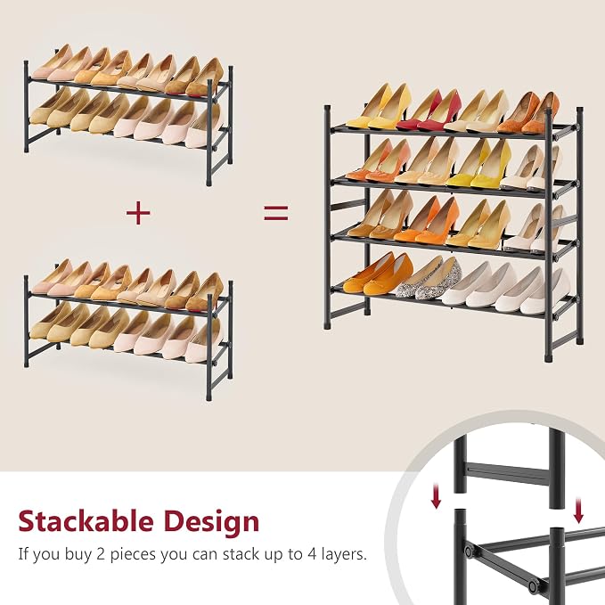 Expandable Shoe Rack for Closet 2 Tier, 28“-41“Stackable, Black | Adjustable Shoe Organizer Closet Shoe Rack Floor, Metal Shoe Shelf Storage for Entryway, Closet, Garage, Front Door Entrance