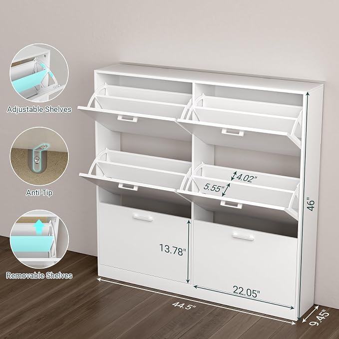 Shoe Cabinet with 6 Flip Drawers, Narrow Freestanding Shoe Organizer, Hidden Slim Shoe Storage Cabinet for Entryway, Hallway, Living Room, White