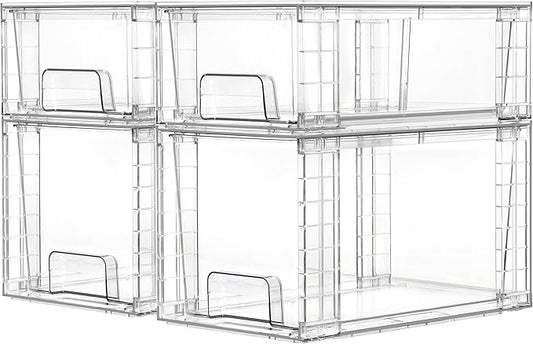 Vtopmart Clear Stackable Storage Drawers, 4 Pack Kitchen Cabinet Set | Medium and Small Pull-Out PET Drawers with Stackable Design for Kitchen Cabinets, Pantry, Under Sink, Medicine