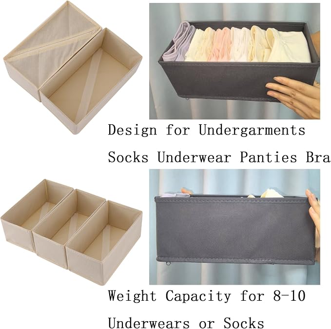 Bructhun Sock Drawer Organizer 9 Pack - Collapsible Fabric Storage Bins for Underwear Divider, Small Closet Organizers with 9 Compartments, Beige