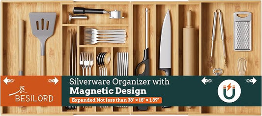 Silverware Organizer Large, Magnetic Connected Expandable 11 Slots Silverware Drawer Organizer From 21 to 37.4 Inches, Adjustable Flatware and Cutlery Holder, Bamboo Utensil Tray for Kitchen Natural