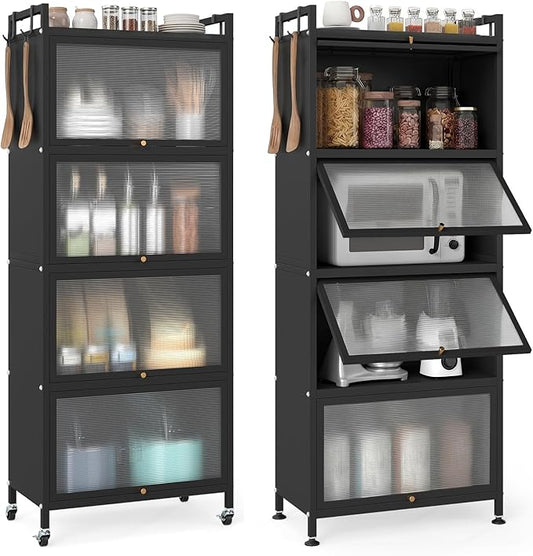 Giantex 5-Tier Kitchen Storage Cabinet, Freestanding Metal Pantry Cabinet w/ 4 Flip-up PC Doors, 4 Hooks & Adjustable Feet, 60” Tall Bakers Rack Microwave Stand for Dining Room, Living Room, Black