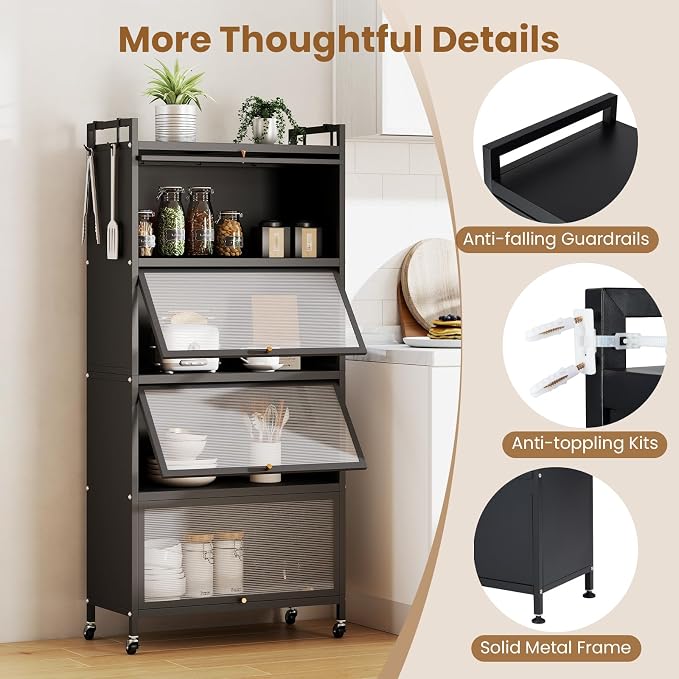 Giantex 5-Tier Kitchen Storage Cabinet, Freestanding Metal Baker's Rack w/4 Flip-up PC Doors, 4 Hooks, Adjustable Feet & Rolling Wheels, Mobile Microwave Stand for Dining Room, Living Room (Black)