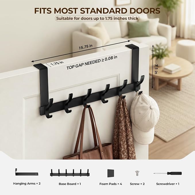 Optish Over The Door Hooks, Door Hanger Hooks for Hanging, Towel Racks for Bathroom with 12 Coat Hook, Coat Rack College Dorm Essentials Bathroom Accessories（1 Pack, Black）
