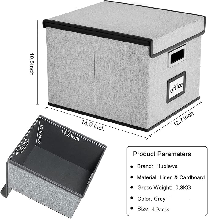 File Organizer Box with Lids, Collapsible File Folder Organizer | File Box with Plastic Slides for Office Document Storage, Filing Bin for Letter Size Hanging File Folders (4 Pack, Gray)