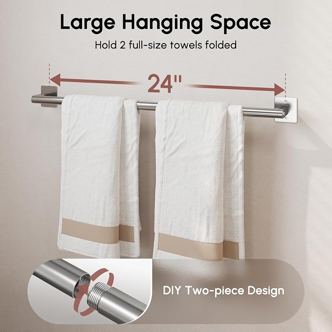 USHOWER Brushed Nickel Towel Bar, 24 Inch Towel Racks for Bathroom | Heavy Duty Stainless Steel Towel Holder Wall Mounted, Easy Installation (Total Length 26 Inch)