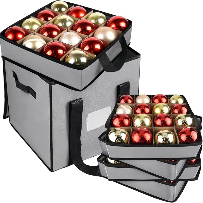 Christmas Ornament Storage Box with Dividers, Holds 64 Balls, Gray | 600D Oxford Fabric, Adjustable Dividers, Removable Trays, Dual Zippers, Reinforced Handles