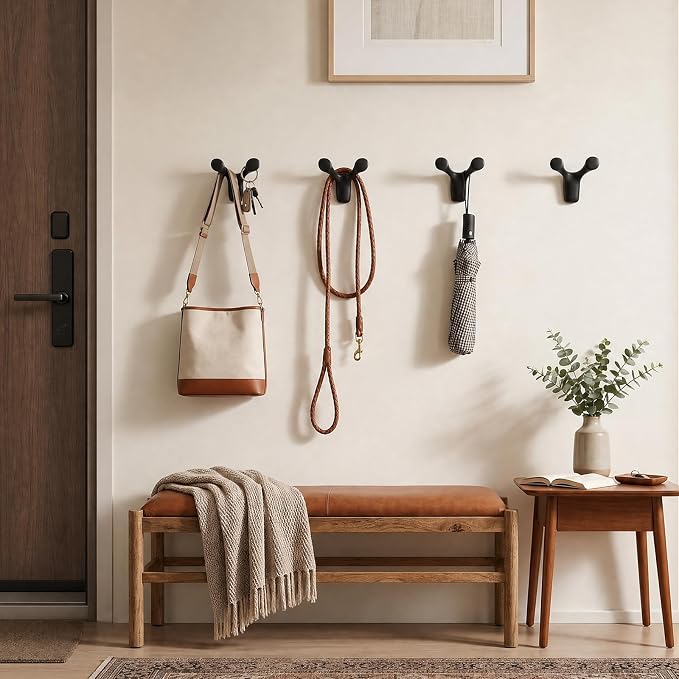 Coat Rack Wall Mount, Decorative Double Hanger Hooks, 4Pcs Balck Hook, Premium Zinc Alloy Y-Shaped/Antler Hook for Towels, Bags, Hats, Cups & Keys, Ideal for Entryway, Bedroom, Bathroom, Kitchen