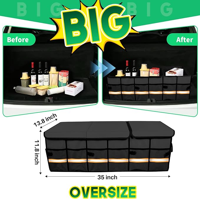 Trunk Organizer Cargo Organizer Trunk Storage Waterproof Collapsible Durable Multi Compartments-((Oversize,Black)