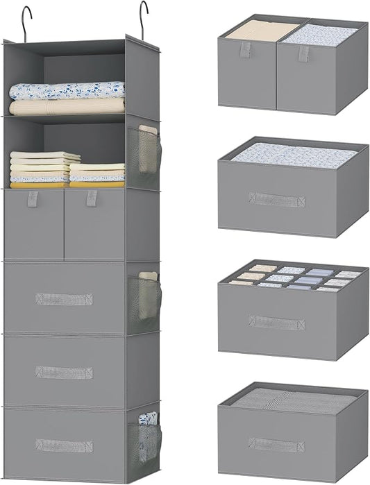 6-Shelf Hanging Closet Organizer with 5 Drawers, Non-Woven Storage, Gray | Spacious compartments sort clothes & undergarments; foldable drawers add hidden storage for closets, wardrobes or RVs.