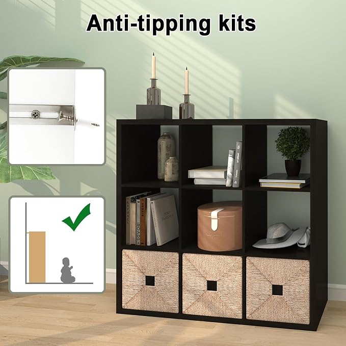 [2026 Wooden Thick Frame 9 Cube Storage Organizer Shelf with Anti-Tipping Kits + Reversible Open Back Bookcase, Horizontal and Vertical Dual-use（Chocolate,11inch）