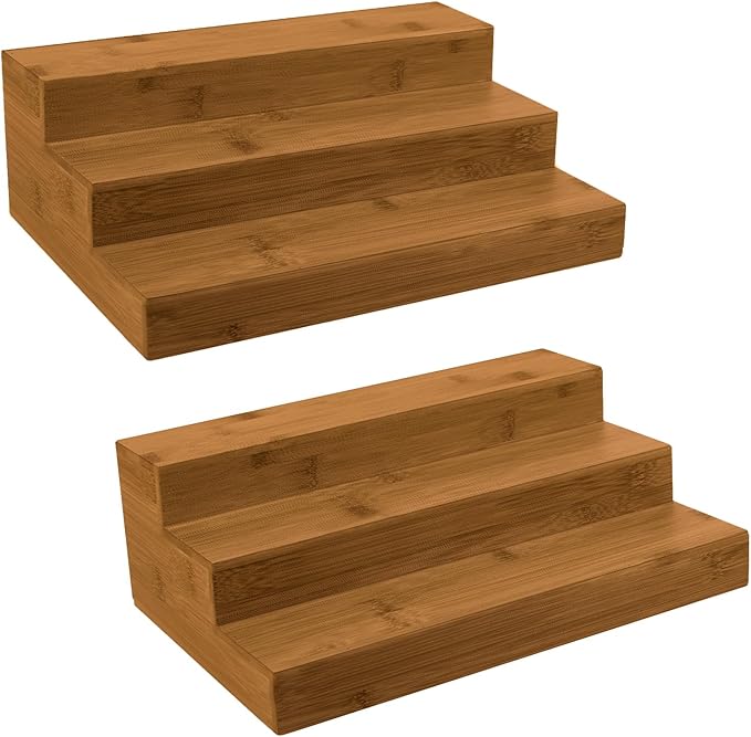 Bamboo Spice Rack Organizer for Cabinet 2 Pack - 3 Tier Countertop Step Shelf, Seasoning Storage Stand for Kitchen Pantry, Spice Holder for Jars Bottles Cans (Brown)