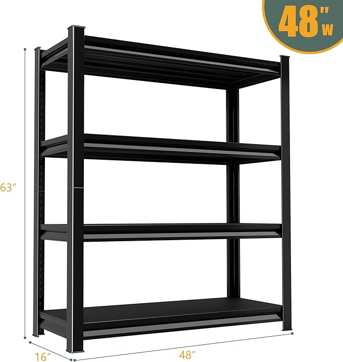 48" W Garage Shelving Heavy Duty, 2200LBS Loads Adjustable Garage Storage Shelves,4-Tier Metal Storage Racks and Shelving Units, Utility Rack Shelves,48" W x 16" D x 63" H,Black