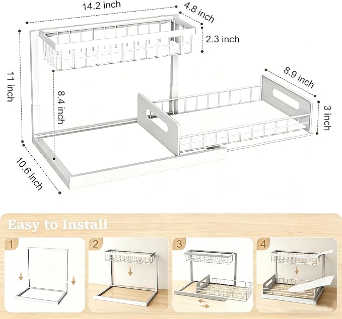 2 Pack Upgraded Under Sink Organizer, 2 Tier Pull out Kitchen Cabinet Organizer Metal Slide out Bathroom Organizers and Storage Makeup Drawer Organizer for Office Bedroom Restroom Living Room, L-White