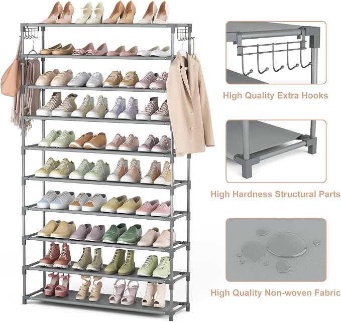LANTEFUL 10 Tiers Shoe Rack 50 Pairs Large Capacity Tall Shoe Organizer Sturdy Shoe Storage with Two Hooks Space Saving Metal Wide Shoe Rack for Closet, Entryway, Bedroom, Grey