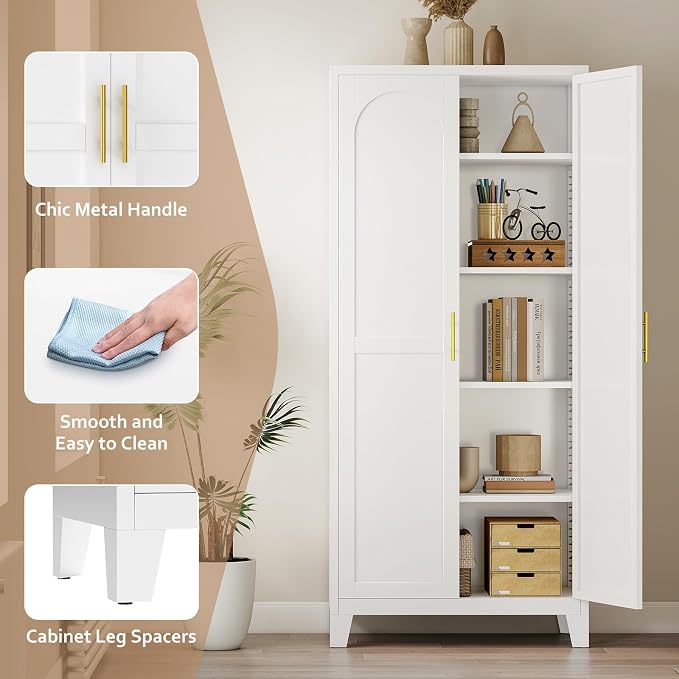 Zevemomo 71" Metal Pantry Cabinet, Tall Metal Storage Cabinet for Kitchen | Steel Cabinet with 2 Doors and 4 Adjustable Shelves, Freestanding Cupboard for Kitchen, Bathroom, Dinning Room or Laundry