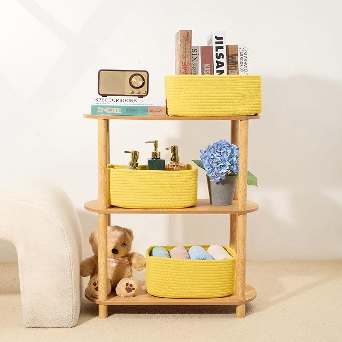 MiniArk Small Storage Baskets for Organizing | Closet Organizer Bins | Shelf Toy Basket | Woven Rope Baskets | Cube Decorative Box | Shallow Basket | 13x8.5x5.1” | 4 Packs Yellow