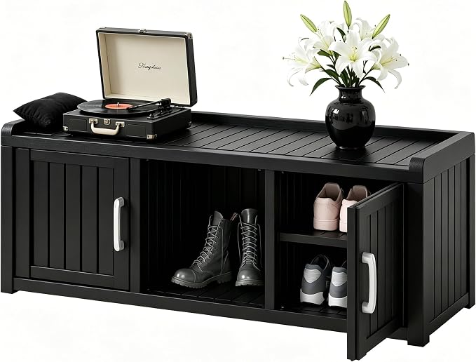 2-Tier Storage Bench, Waterproof UV-Resistant Outdoor Shoe Storage Cabinet with 2 Doors & Adjustable Shelves for Indoor Outdoor Entryway, Hallway, Living Room(Classic Black)