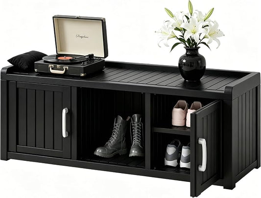 2-Tier Storage Bench, Waterproof UV-Resistant Outdoor Shoe Storage Cabinet with 2 Doors & Adjustable Shelves for Indoor Outdoor Entryway, Hallway, Living Room(Classic Black)