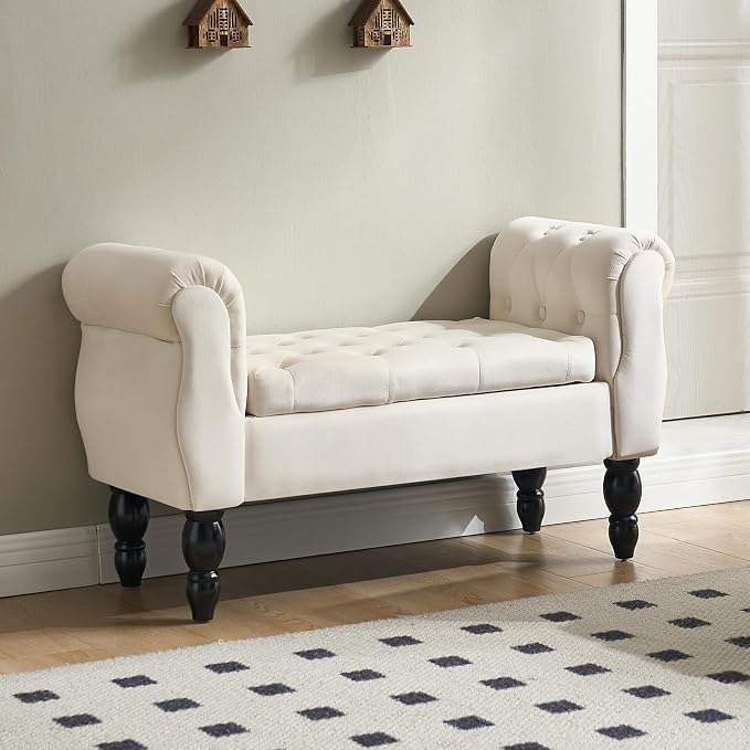 Storage Bench with Arms End of Bed Bench,Velvet Entryway Bench with Storage, Button Tufted Upholstered Ottoman Bench Wood Legs, Window Sitting Bench for Bedroom/Living Room/Hallway, Cream