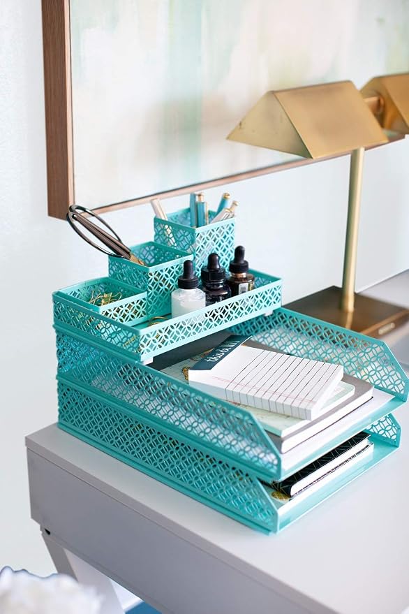 BLU MONACO | Aqua Desk Organizer Set for Women 6 Piece | Mail Sorter Organizer Countertop with Letter Sorter for Desk | Standing File Organizer with Mesh Pen Holders