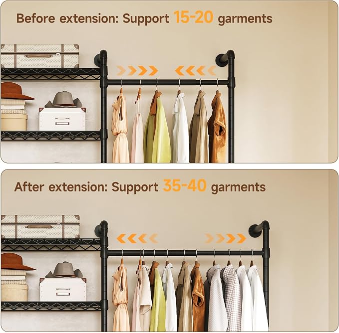 L2 Wall Mounted Closet System, Industrial Pipe Clothing Rack Clothes Racks with 2 Telescopic Rod & 6 Shelves, Heavy Duty Closet Organizers System in Wardrobe Closet, Black
