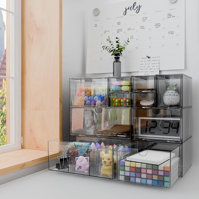 Clear 10-Drawer Stackable Desk Organizer Storage Set | Unique nine-grid drawer, Acrylic, Separate drawers, Dustproof, Easy to clean, for Office supplies, Pens, Jewelry, Makeup