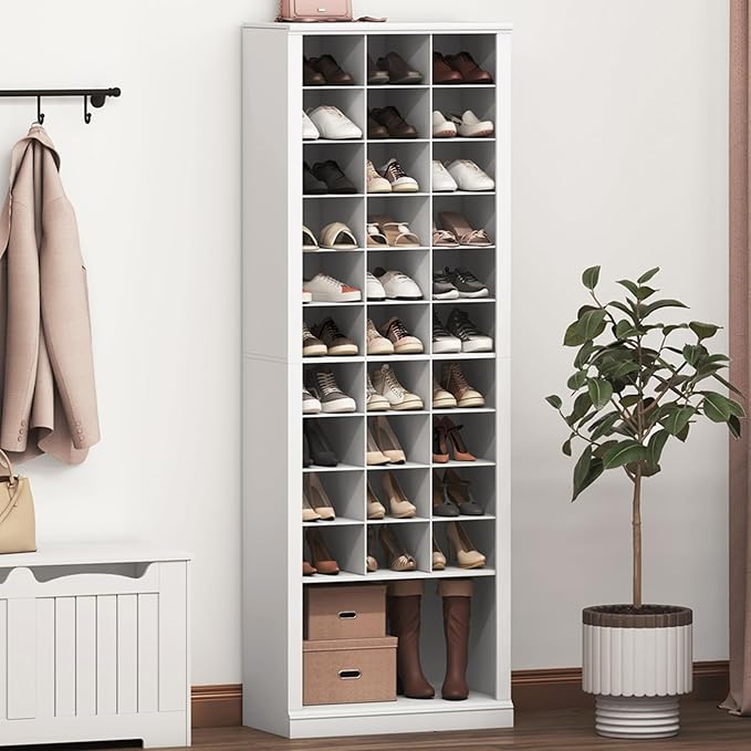 Hzuaneri 11 Tiers Shoe Storage Cabinet, Tall Shoes Cabinet with Cubby | Freestanding Wooden Shoe Organizer, 30-33 Pairs, Shoes Cubby Organizer for Entryway, Bedroom, White 02001BSR
