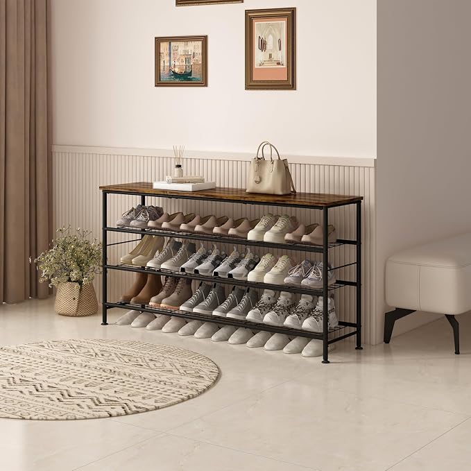 SUOERNUO 4 Tier Extra Long Shoe Rack Organizer Storage for Closet Entryway | Large Capacity Shelf,MDF Top Board,Sturdy Metal Frame,Ideal for Living Room,Hallway Black