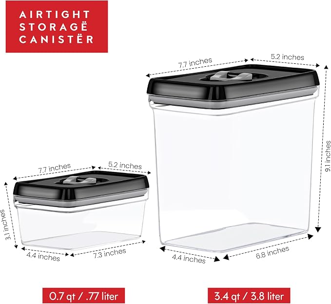 DWËLLZA KITCHEN Large Airtight Food Storage Containers - Clear Plastic Bulk Food Pantry & Kitchen Storage Containers for Flour, Sugar and Baking Supplies 4 Pcs. BPA-Free, Keeps Fresh & Dry (Black)