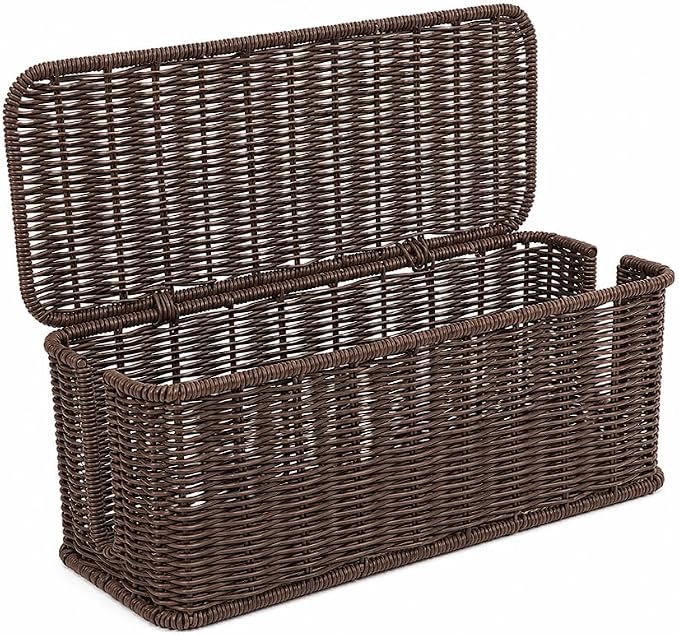 Cable Management Box, Handmade Rattan Cable Organizer with 2 Open Slots, Cord Hider for Power Strip, Router & USB Hub, Registered U.S. Design Patent (D1,112,102), 13" x 5.1" x 5.1", Brown