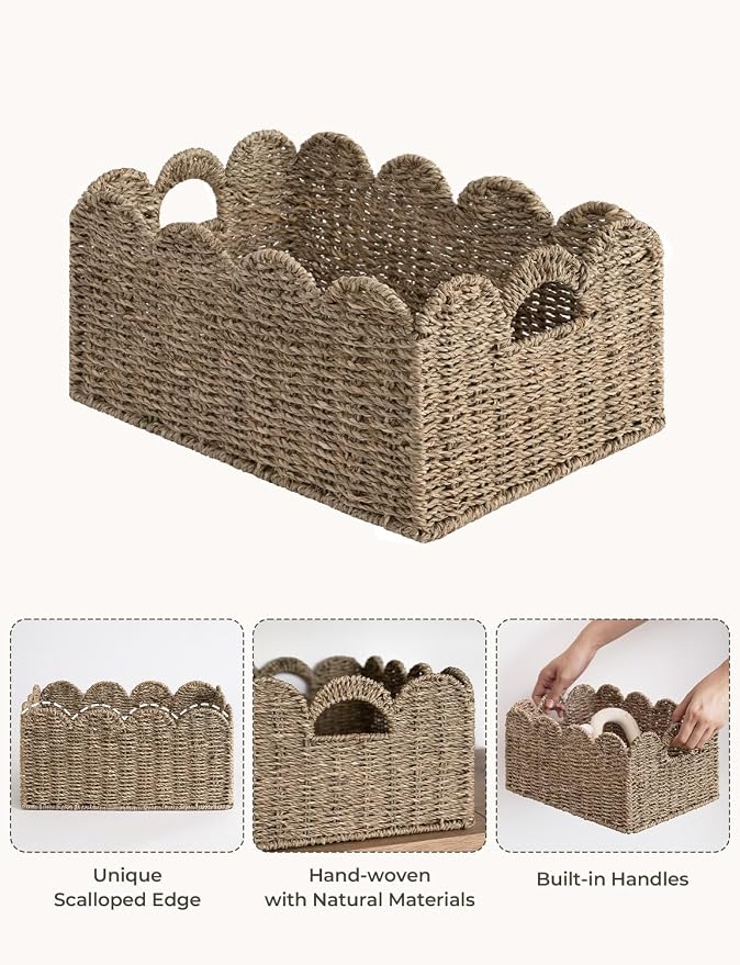 StorageWorks Scalloped Wicker Basket, Woven Baskets for Storage, Rattan Baskets with Handles, Seagrass Basket for Organizing and Decor, 2 Pack