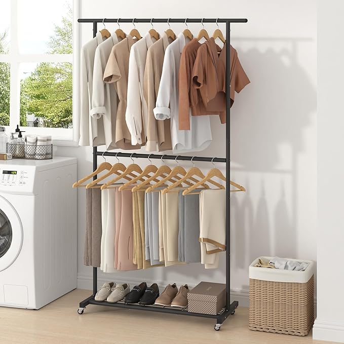 Sywhitta Double Rod Metal Clothing Rack on Wheels with Bottom Mesh,Black | Rolling Garment Organizer, for Hanging Clothes,Coats,Easy to Assemble,Space-Saving,Mobile Organizer for Closet