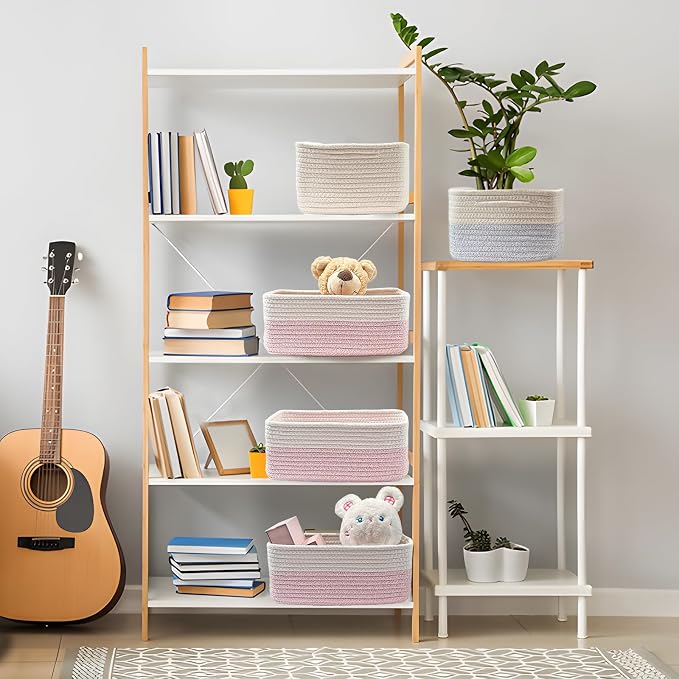 COMFY-HOMI 13" x 8.5" x 5.1" Storage Baskets for Organizing | Cotton Rope Woven Basket | Toy Storage Bin Box | Basket for Shelves, Closet Organizer Bin, Decorative Closet Shelf, 3 Pack