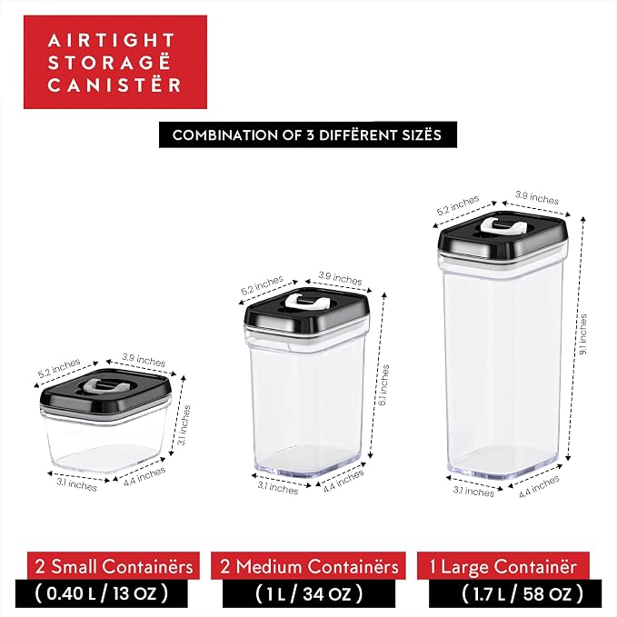 DWËLLZA KITCHEN Airtight Food Storage Containers with Lids - 5 Piece Set - Kitchen Accessories Food Containers - Pantry Organization and Storage - Clear Plastic BPA-Free - Keeps Food Fresh & Dry